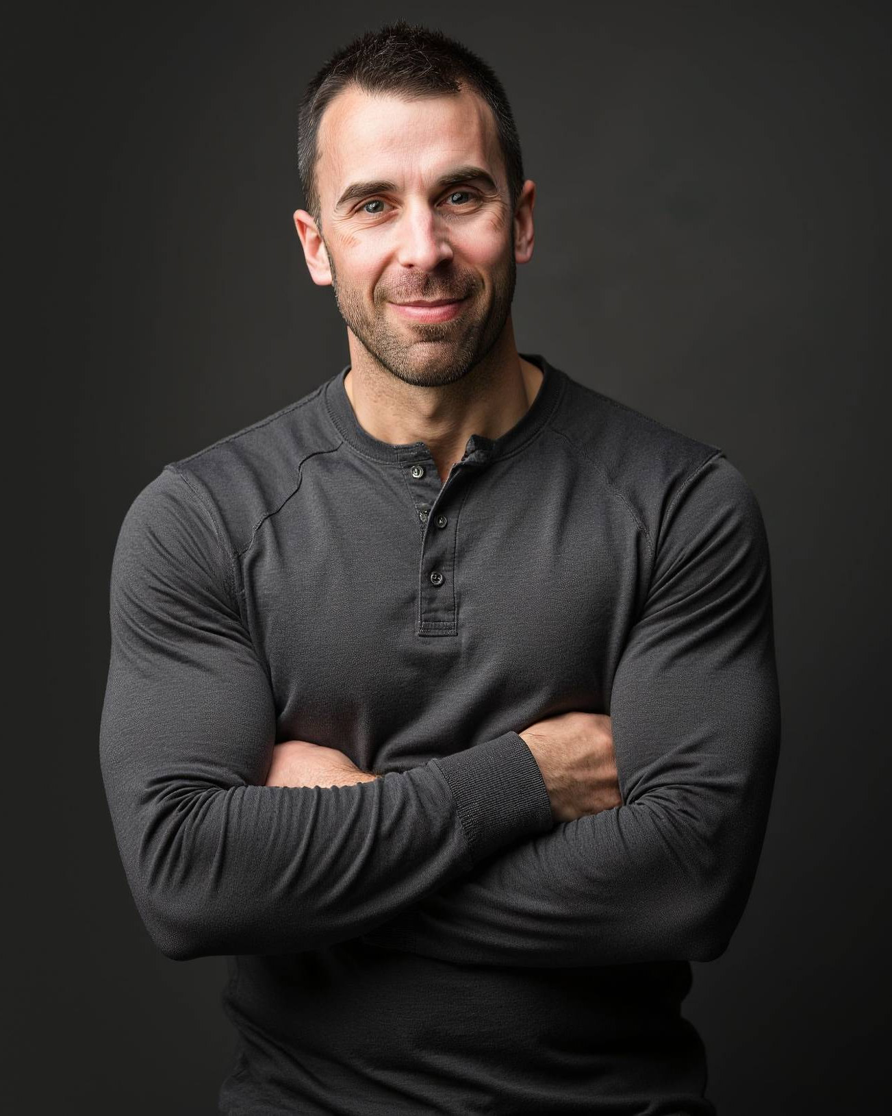 Tony LeBlanc in a charcoal henley against a dark studio backdrop, arms crossed.