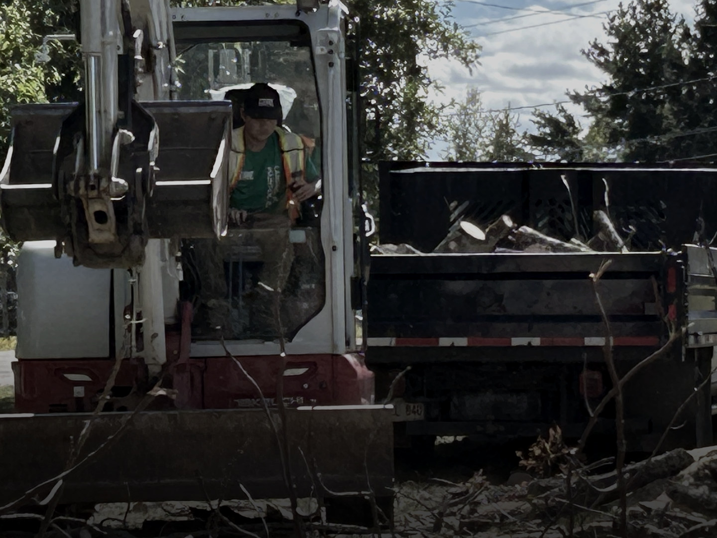 A mini excavator beside a dump truck with cut logs in its bed, brush piled in front.