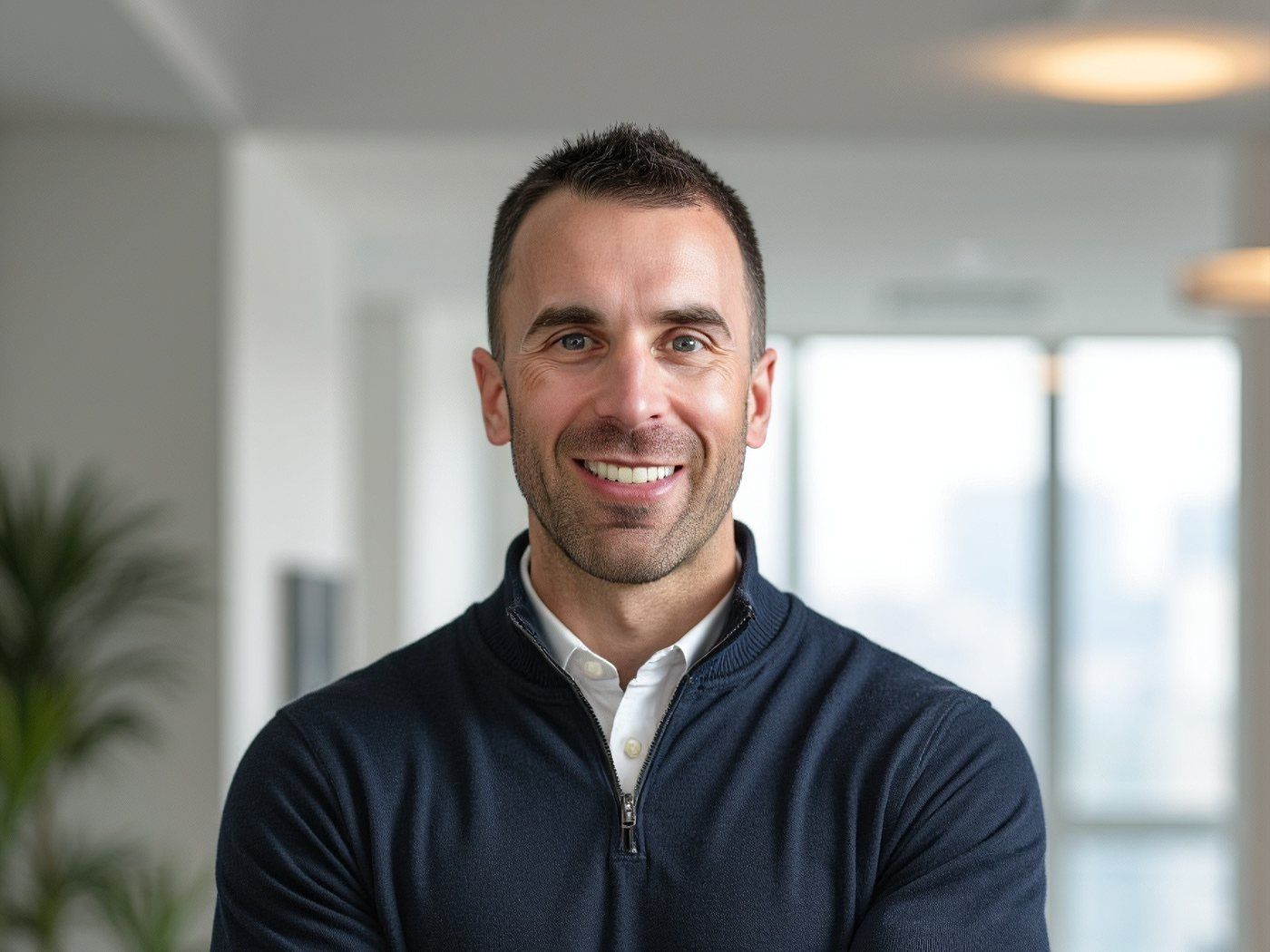 Tony LeBlanc smiling, arms crossed, in a bright office